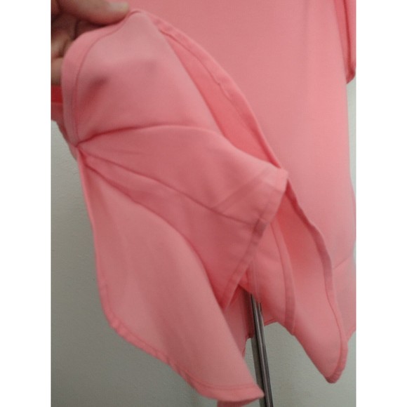 Women's Pink Blouse Ruffle Formal Crepe Short Sleeve Crewneck Button Back Size S - Picture 6 of 12